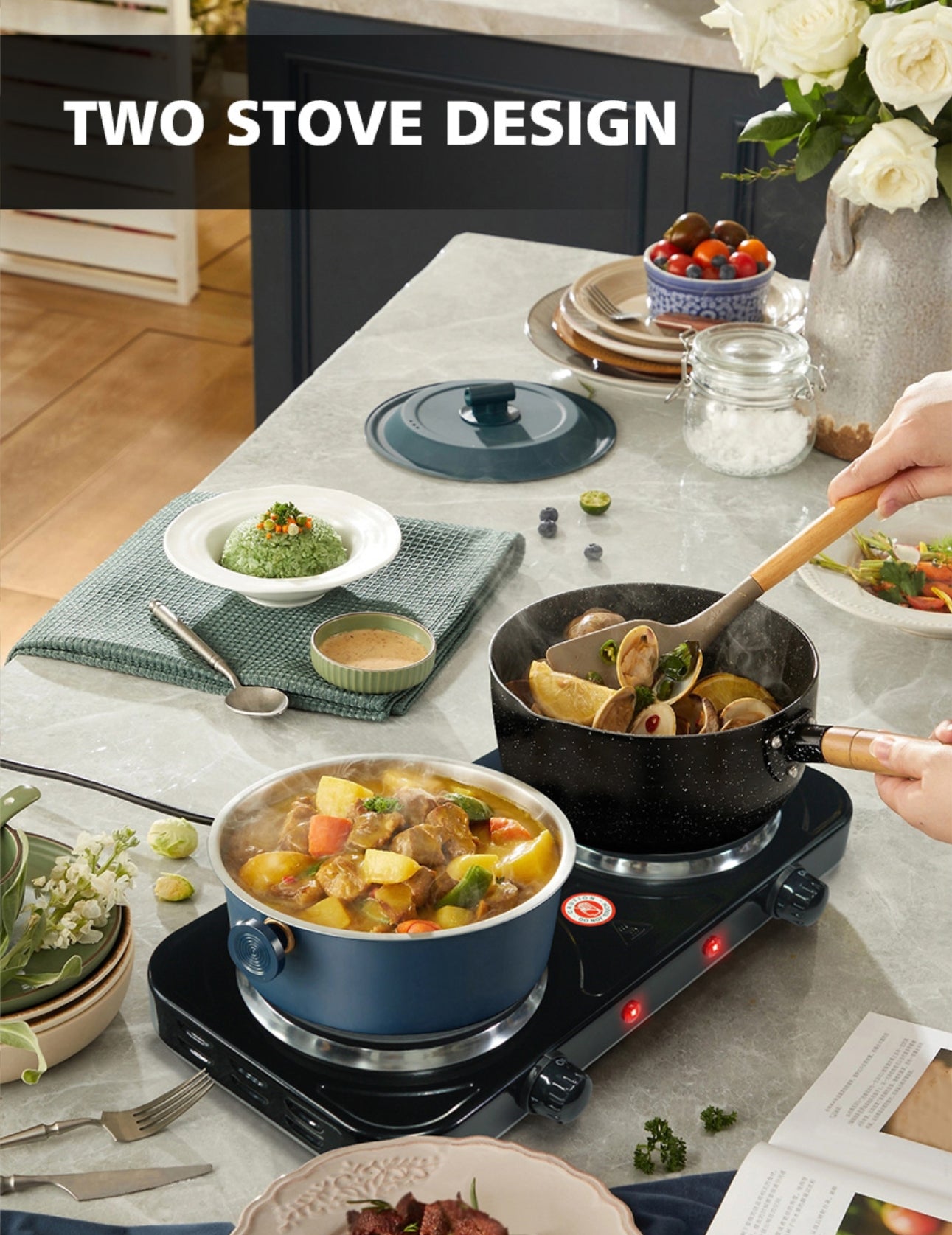 2000W Electric hot plate,Countertop Double Cast Iron Burner