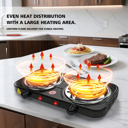 REDUSK 2200W Portable Electric Hot Plate for Cooking, Double Coil Electric Burner, Two Burner Electric Cooktop, Electric Stove with 2 Burner, Adjustable Temperature Control, Black