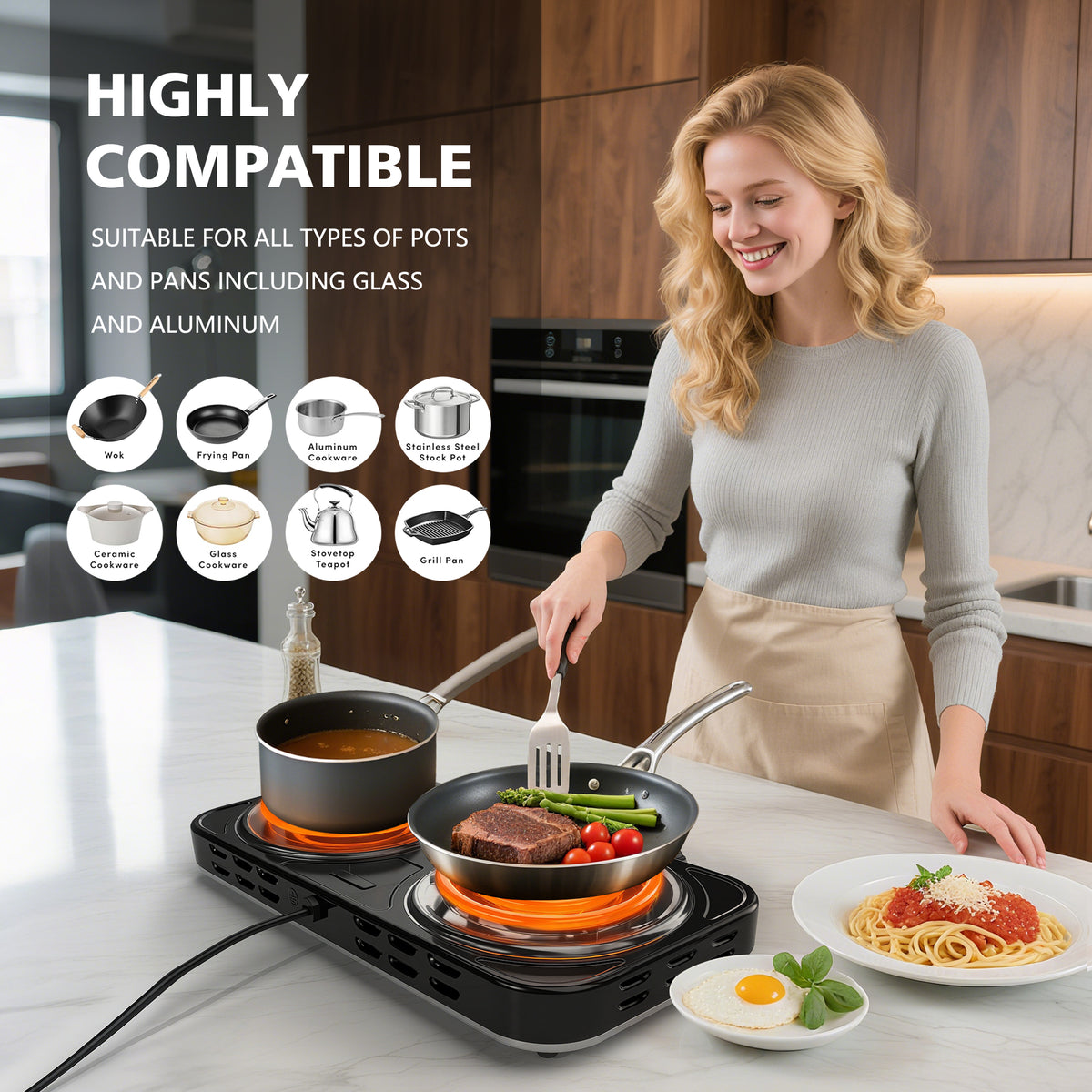 REDUSK 2200W Portable Electric Hot Plate for Cooking, Double Coil Electric Burner, Two Burner Electric Cooktop, Electric Stove with 2 Burner, Adjustable Temperature Control, Black
