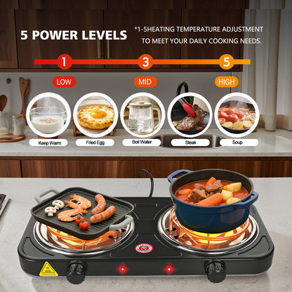 REDUSK 2200W Portable Electric Hot Plate for Cooking, Double Coil Electric Burner, Two Burner Electric Cooktop, Electric Stove with 2 Burner, Adjustable Temperature Control, Black