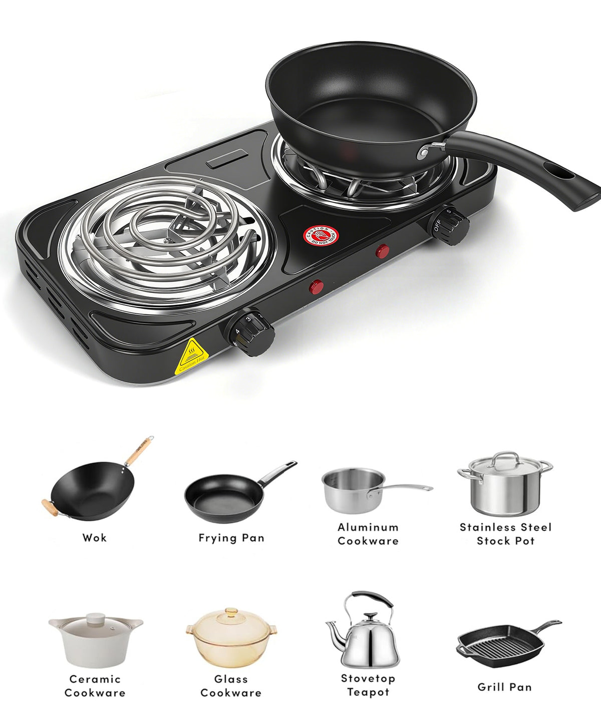 REDUSK 2200W Portable Electric Hot Plate for Cooking, Double Coil Electric Burner, Two Burner Electric Cooktop, Electric Stove with 2 Burner, Adjustable Temperature Control, Black