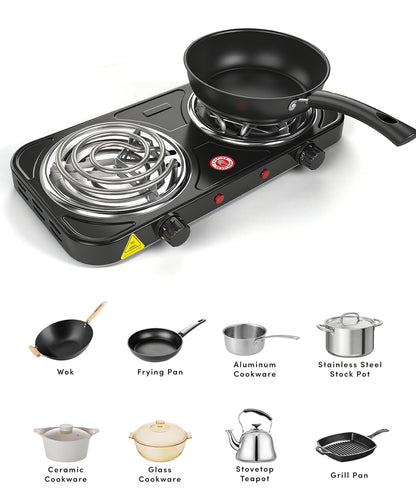 REDUSK 2200W Portable Electric Hot Plate for Cooking, Double Coil Electric Burner, Two Burner Electric Cooktop, Electric Stove with 2 Burner, Adjustable Temperature Control, Black