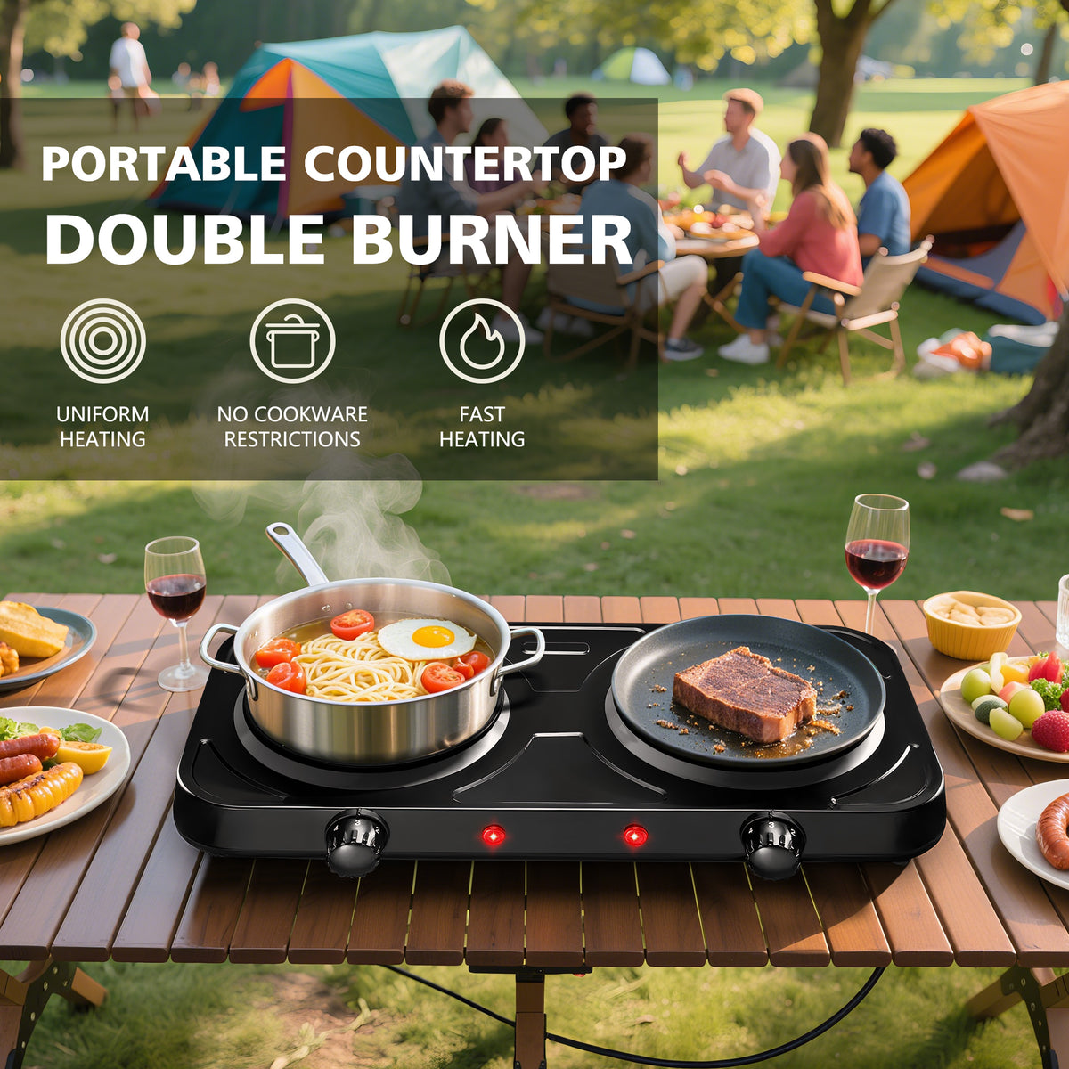 REDUSK Electric Hot Plate, 2200W Countertop Burner,Cast Iron 2 Burners ,Portable Electric Stove, Portable Double Burners for Cooking,Easy to Clean, Black.