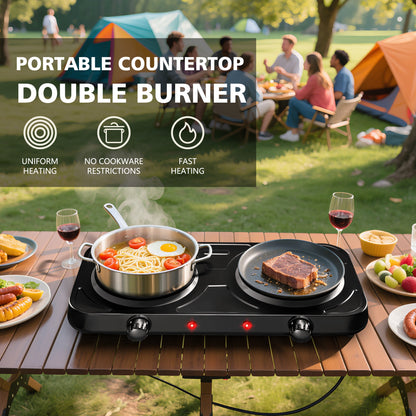 REDUSK Electric Hot Plate, 2200W Countertop Burner,Cast Iron 2 Burners ,Portable Electric Stove, Portable Double Burners for Cooking,Easy to Clean, Black.