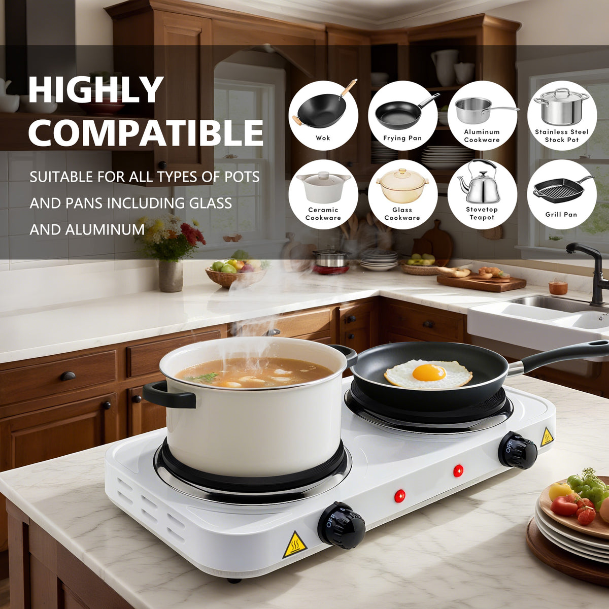 REDUSK Electric Hot Plate, 2200W Countertop Burner,Cast Iron 2 Burners ,Portable Electric Stove, Portable Double Burners for Cooking,Easy to Clean, Black.