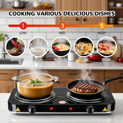 REDUSK Electric Hot Plate, 2200W Countertop Burner,Cast Iron 2 Burners ,Portable Electric Stove, Portable Double Burners for Cooking,Easy to Clean, Black.